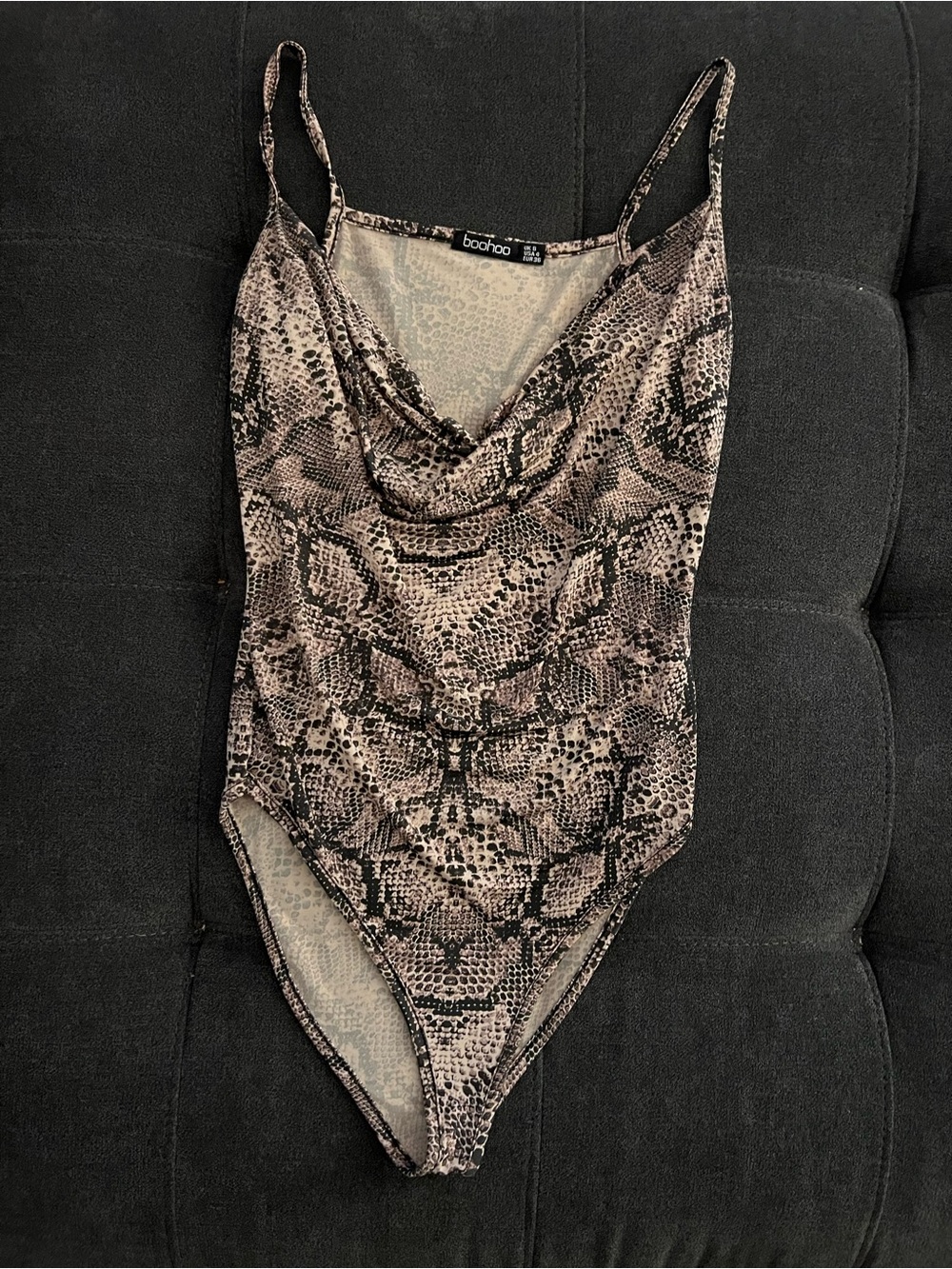 Boohoo Taupe Snake Cowl Neck Bodysuit